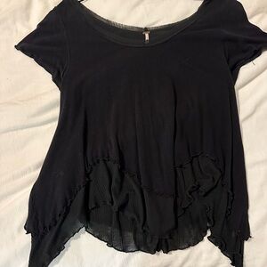 Free People Cookie Layered Look T Shirt Black Linen Top Tee Short Sleeve XS